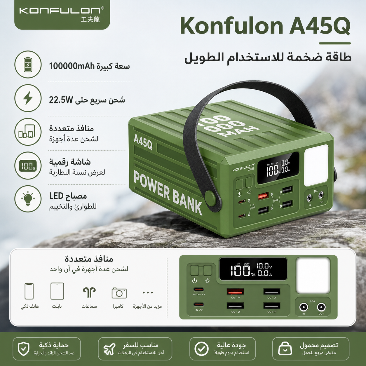 باور بانك Konfulon A45Q أخضر 100000mAh شحن سريع 22.5W - 4