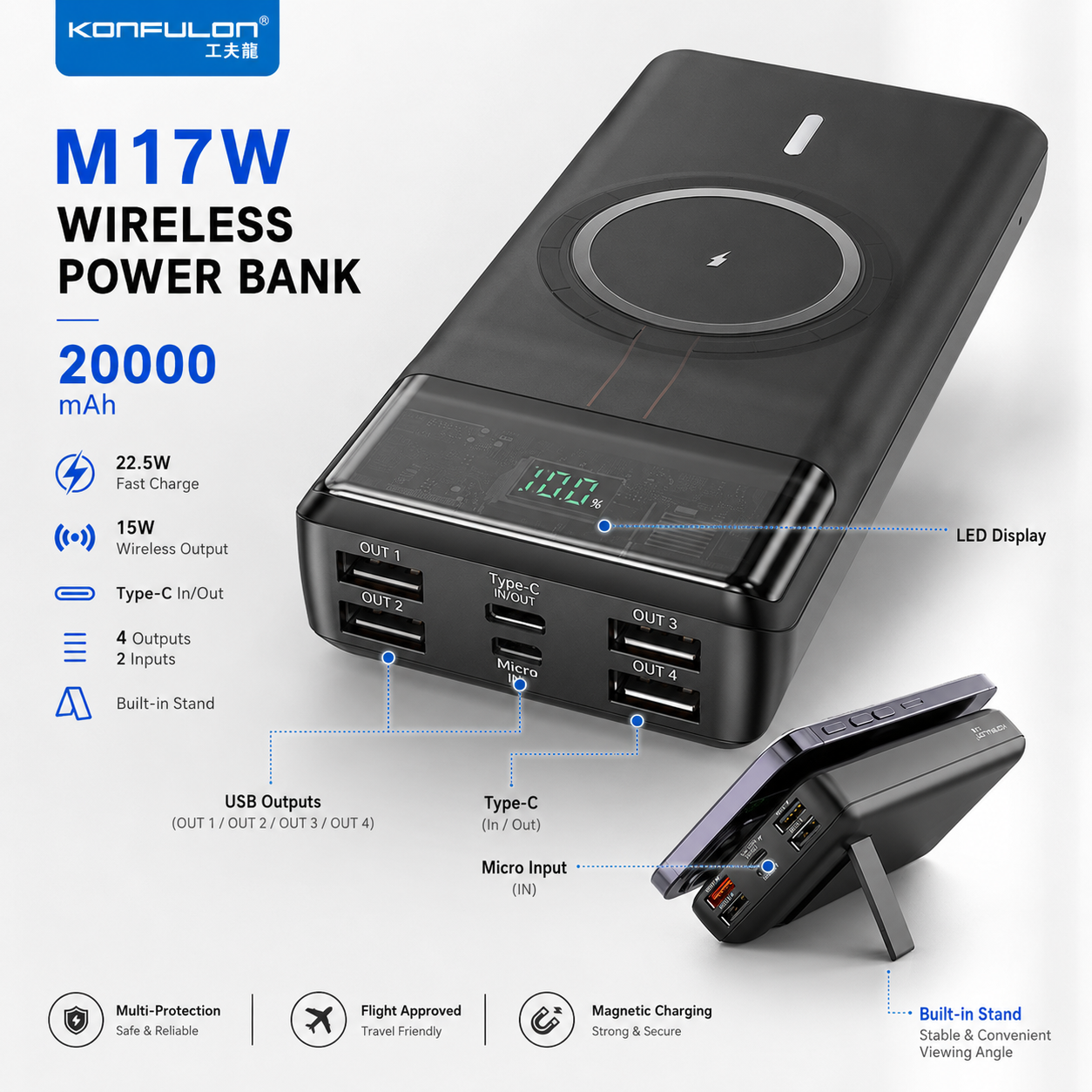 باور بانك Konfulon M17W بلاك 20000mAh شحن سريع 22.5W مع شحن لاسلكي 15W - 3